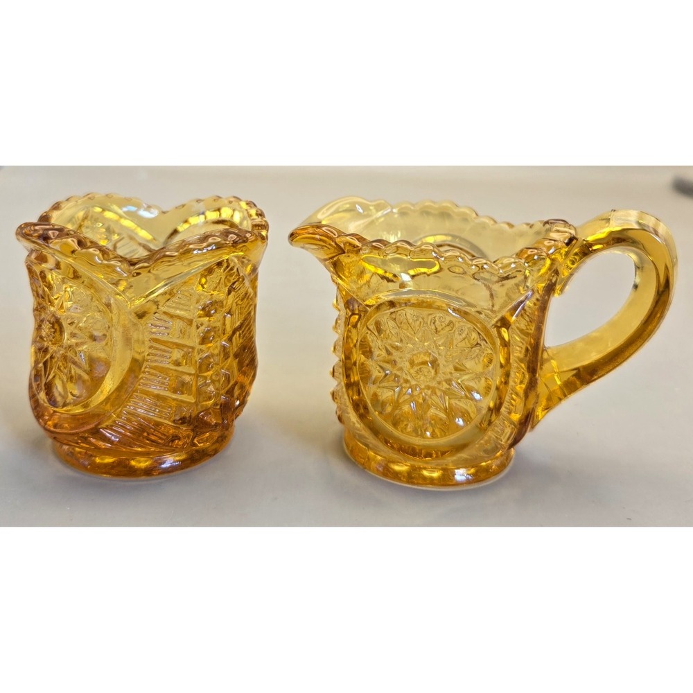 Vintage Miniature Amber Glass Starburst Creamer & Sugar Bowl Set 50's (SB)